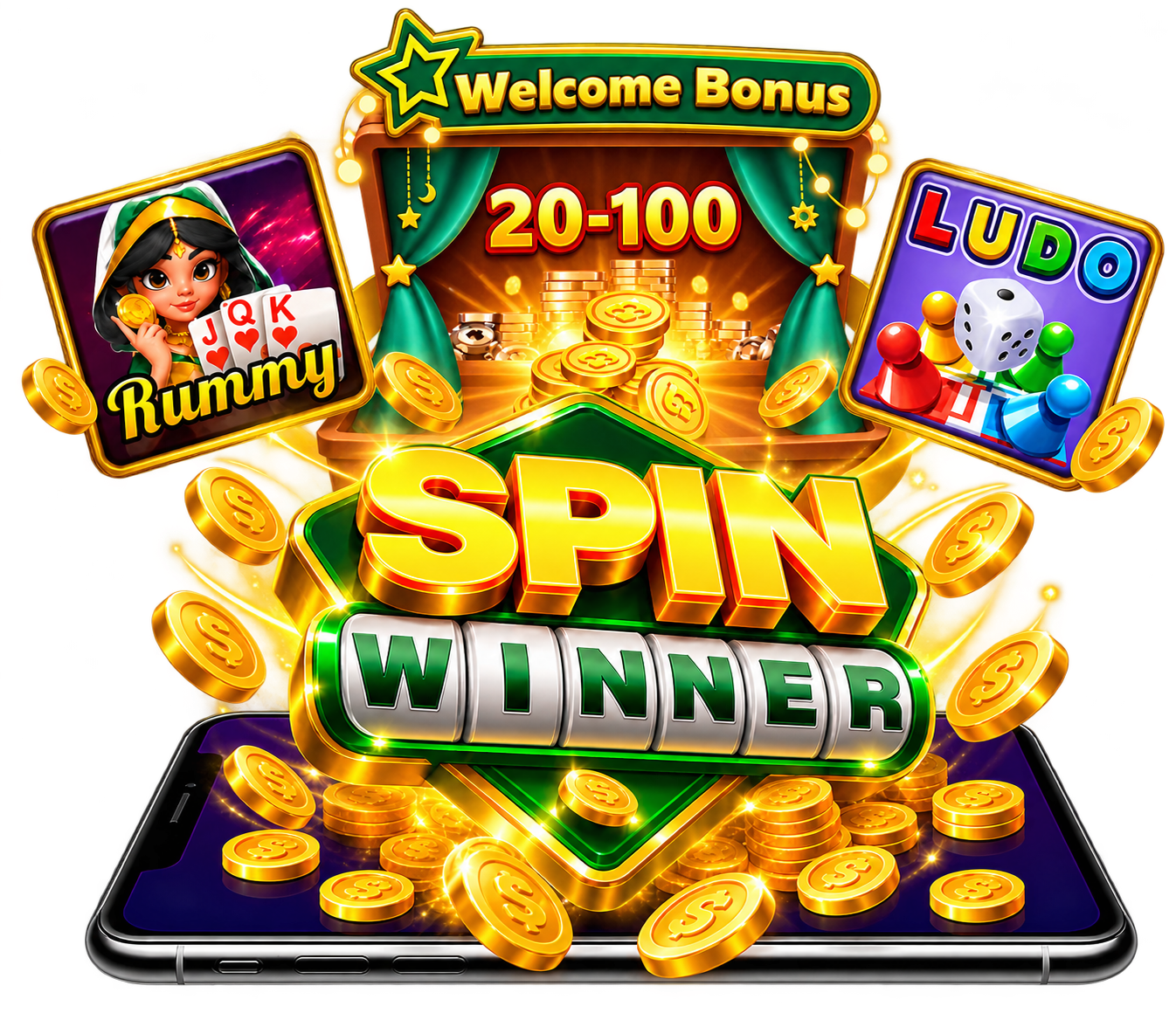 SPIN WINNER with Rummy and Ludo, Welcome Bonus 20–100 and gold coins